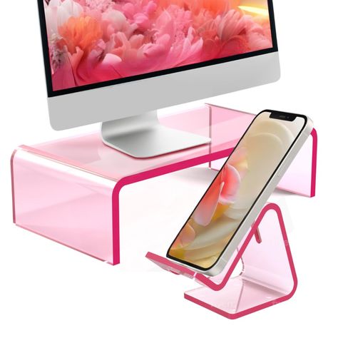 PRICES MAY VARY. 🌸 Elevate Your Monitor: Raise your monitor to eye level for improved ergonomics and comfort with our sleek light pink acrylic monitor stand. 📱 Stylish Phone Stand: Keep your smartphone within reach and display it in style with our matching light pink acrylic phone stand. 🎨 Charming Aesthetic: Add a pop of color to your workspace with the soft and inviting hue of light pink, creating a cheerful and welcoming environment. 💪 Sturdy & Durable: Crafted from durable acrylic, these Acrylic Computer Stand, Acrylic Laptop Stand, Acrylic Monitor Stand, Organizer Aesthetic, Home Office Workspace, Aesthetic Home Office, Computer Riser, Charming Aesthetic, Desk Riser