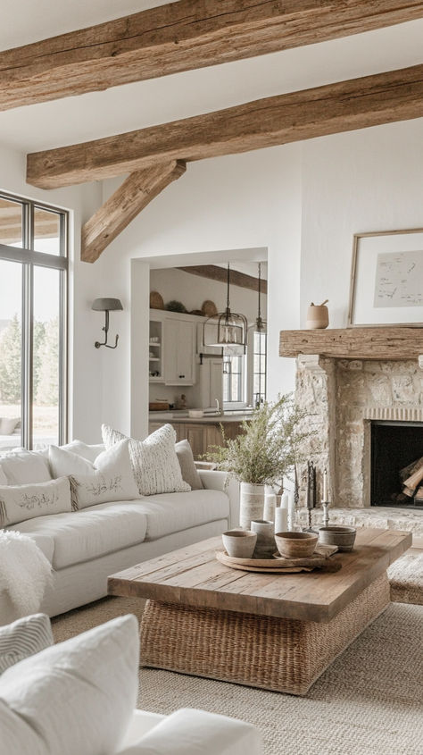 Shop The Style Farmhouse Old Interior, Bright Rustic Living Room, Rustic Farmhouse Aesthetic, Spanish Farmhouse Living Room, Earthy Farmhouse Living Room, Cottage Core Living Room Ideas, Organic Modern Farmhouse, Farmhouse Cottage Living Rooms, Modern Rustic Living Room Ideas