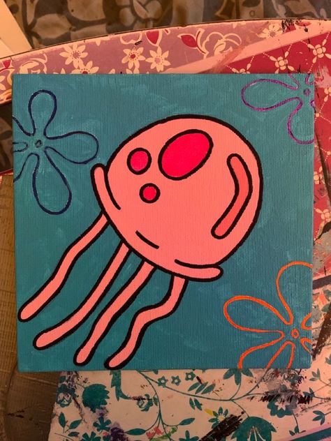 Small Canvas Art Spongebob, 6x6 Canvas Paintings Easy, Easy Things To Paint Spongebob, Brother And Sister Canvas Painting, Easy Paintings Spongebob, Cute Painting Ideas Aesthetic Simple, Cute Drawings To Hang On Wall, Mini Canvas Art Animals, Tiktok Painting Ideas On Canvas