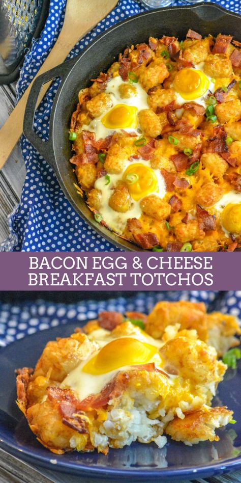 Start the day off in a fun way with these bacon, egg, and cheese breakfast totchos or potato tot nachos. In this dish, the tots substitute nicely for hash browns and jazz up a breakfast skillet into a quick and easy treat the entire family will love next Saturday morning. #familyfriendly #quickandeasy #funbreakfast Breakfast Ideas Tater Tots, Fun Dinner Ideas For Family Healthy, Breakfast Totchos Recipe, Bbq Breakfast Ideas, Skillet Breakfast Ideas, Saturday Morning Breakfast Ideas, Breakfast Tots, Bacon Breakfast Ideas, Yummy Food For Breakfast