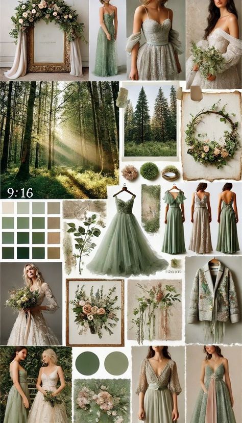 Forest Aesthetic Wedding Decor, Autumn Enchanted Forest Wedding, Green Asthetics Wedding, Forest Theme Wedding Colors, Green Outside Wedding, Wedding Enchanted Forest Theme, Neutral Forest Green Wedding Theme, Enchanted Forest Wedding Theme Decor, Fairy Tale Wedding Color Palette