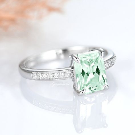 Mint Engagement Ring, Sapphire Engagement Ring Emerald Cut, Green Wedding Rings, Silver Wedding Theme, Ethereal Jewelry, Blue Wedding Rings, Green Weddings, Jewelry Ornaments, Wedding Mint Green