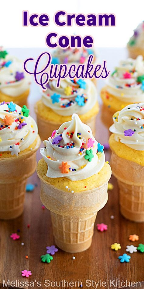 These cute Ice Cream Cone Cupcakes can be made in any flavor you like and decorated to match the occasion #cupcakes #icecreamcone #icecreamconecupcakes #cakerecipes #cupcakes #southernstyle #southerndesserts via @melissasssk Cake Decorated Like Ice Cream, I E Cream Cone Cupcakes, Easter Ice Cream Cone Cupcakes, I’ve Cream Cone Cupcakes, Ice Cream Cone Cupcakes Birthday, Cupcake Ice Cream Cones Recipe, Cupcake In Ice Cream Cone, Ice Cream Cone Cupcakes How To Make, Ice Cream Cupcakes Cones