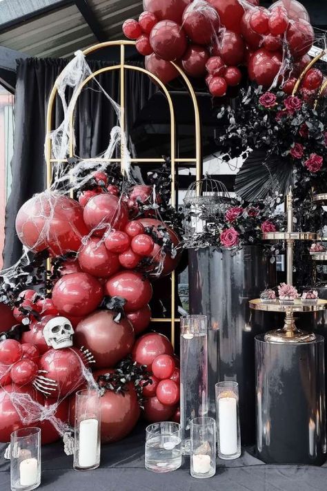 25th Halloween Birthday, 60th Birthday Halloween Theme, Rip To My 20s Backdrop, Halloween Party Luxury, 60th Halloween Birthday Party, Halloween Party Ideas For Adults Decor, Glam Halloween Party Decor, Halloween Ball Decorations, Gothic Birthday Decor