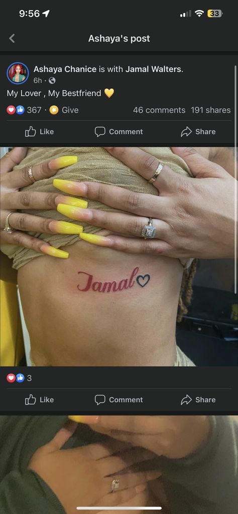 Bf Names Tattoo, Cute Name Tattoo Placement, Name Tatted On Chest, Boyfriend Names Tattoo Ideas, Jamal Name Tattoo, Black Couple Tattoo Ideas, Tattoos Of Names Boyfriends, Tattoos Of Boyfriends Name Ideas, Forever Sign Tattoo