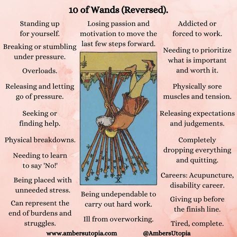 This represents the meanings and interpretations of the 10 of Wands within the standard Tarot deck. These meanings are suitable to be applied to general readings, romance, love, finance, business, career, job, work, and personal life. 

#10ofwands #tarot #tarotmeanings #tarotcardmeanings #psychic #riderwaitetarot #10ofwandstarot #tarotmeaning #suitofwands 10 Of Wands Tarot Meaning Love, 10 Wands Tarot Meaning, Ten Of Wands Tarot Meaning Reversed, Tarot 10 Of Wands, 10 Of Wands Tarot Meaning Reversed, 10 Of Pentacles Tarot Meaning Reversed, Ten Of Wands Reversed, 4 Wands Tarot Meaning, 10 Of Wands Reversed