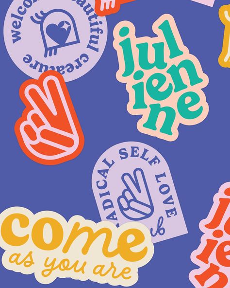 So obsessed with the juicy new branding I created for @julienneslc 💜 I had a blast creating this super cute logo, pattern and icon/sticker set for a vibrant self love coach 🌈 This new visual identity perfectly captures her vibe and zesty approach to all things life AND business ❣️ Thank you so much for trusting me to bring your brand to life Angharad 💋 Sick of being embarrassed by your lifeless branding? I have availability from October, let’s give your biz the Q4 glow up it deserves ✌️🏻 ... Sticker Website, So Logo, Sticker Branding, Vibrant Branding, Tv Branding, Branding Moodboard, Playful Branding, Fresh Drink, Holiday Logo