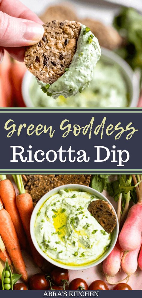 Green goddess ricotta dip creamy ricotta cheese with fresh herbs, garlic, and olive oil.  Simple enough to throw together at a moment's notice, delicious enough to make over and over again. Serve with fresh seasonal veggies! Ricotta Veggie Dip, Ricotta Cheese Dips, Ricotta Lunch Recipes, Salad With Ricotta Cheese, Ricotta Salad Recipes, Snacks With Ricotta Cheese, Savory Ricotta Recipes, Ricotta Cheese Dip Recipes, Healthy Ricotta Cheese Recipes