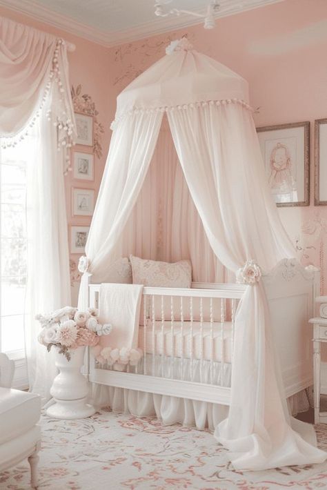 Canopy Over Crib, Pink Nursery Ideas, Princess Nursery Theme, Luxury Baby Nursery, Whimsical Theme, Wildflower Nursery, Girly Nursery, Luxury Nursery, Newborn Room