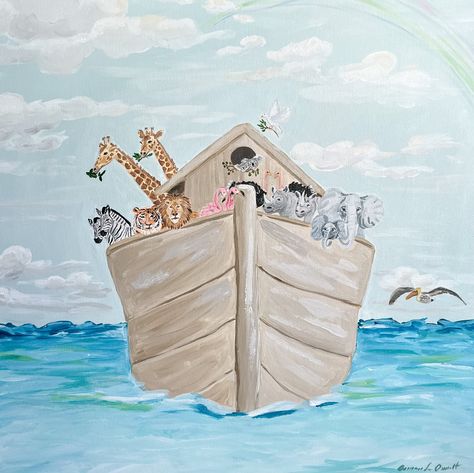 Modern Noah's Ark nursery or playroom print. Perfect for a girl or boy. Featuring giraffes, zebras, flamingos, tiger, lion, ostriches, rhinoceros, an eastern brown pelican, and a white dove with an olive branch. A subtle rainbow is in the corner of the light blue sky with fluffy clouds. NOT a digital download. This is for a print of the original artwork that was made with acrylic paint. Fine art print is on 100% cotton rag, archival, acid-free, pH-neutral papers, giclee with archival pigment ink Noah's Ark Painting, Noahs Ark Baby Room Themed Nursery, Noah’s Ark Art, Noahs Ark Mural, Noah's Ark Nursery, Noah's Ark Art, Noahs Ark Nursery, Dove Painting, Noah Ark