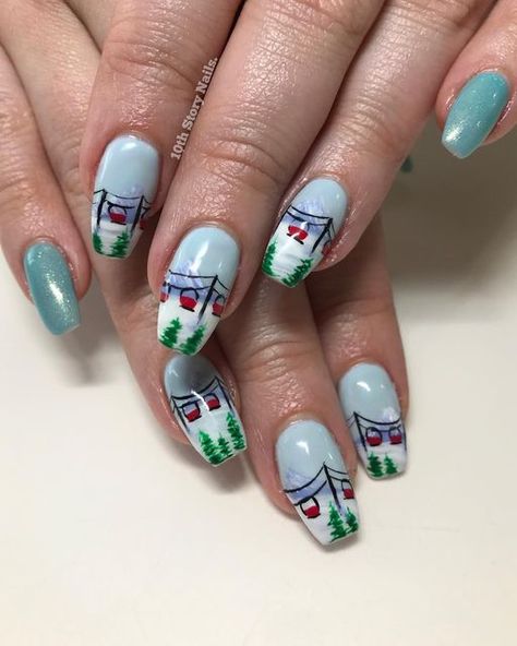 Danielle L. on Instagram: "Sweet little pinterest inspired ski lifts for Mindy’s trip to Switzerland 🎿" Skiing Nails Ideas, Skiing Nails Art, Nails For Skiing, Ski Nail Art, Nails Skiing, Apres Ski Nails, Ski Trip Nails, Polar Express Nails, Ski Nail Designs