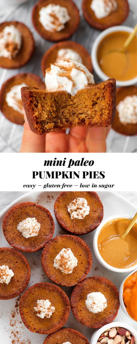 The dreamiest mini paleo pumpkin pies made with a simple almond flour cookie crust and delicious banana pumpkin filling. Finally, a healthy pumpkin pie recipe that is low in sugar, gluten-free, grain-free and absolutely to die for. #pumpkinpie #festiveseason #healthydessertrecipes Paleo Pumpkin Pie Filling, Whole 30 Thanksgiving Dessert, Pumpkin Pie Healthy Recipe, Almond Flour Pumpkin Recipes, Sugar Pumpkin Pie Recipe, Hashimotos Disease Recipes, Paleo Pie Crust, Aip Paleo Desserts, Paleo Pumpkin Recipes