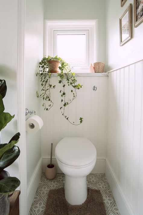 HACK: Tongue and groove cladding the easy way | Fifi McGee | Interiors + Renovation Blog 1930s Bathroom, Wc Decoration, Baños Shabby Chic, Makeover Kamar Mandi, Small Downstairs Toilet, Cloakroom Toilet, Bathroom Colour, Tongue And Groove Cladding, Toilet Room Decor