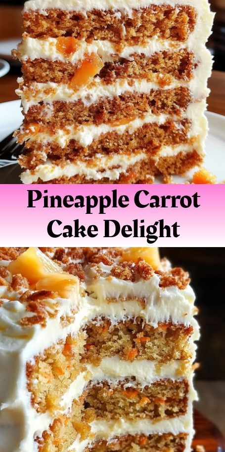 Pineapple Carrot Cake Delight Recipe - Moist and Delicious Fall Treat!" This Pinterest pin showcases our delicious Pineapple Carrot Cake Delight recipe, perfect for the fall season. The moist and tender cake is infused with pineapple and carrots, topped with a creamy cream cheese frosting. With warm spices and a hint of sweetness, this cake is a must-try for any dessert lover #CarrotCake #PineappleCarrotCake #FallBaking #CreamCheeseFrosting #HomeBaking #CakeRecipe #FallDesserts #DessertLovers" Pineapple Carrot Cake, Carrot Desserts, Classic Carrot Cake, Carrot Cake With Pineapple, Pineapple Cake Recipe, Carrot Cream, Best Carrot Cake, Pineapple Recipes, Tropical Twist