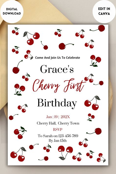 Hosting a party for your little Cherry On The Top? This cherry sweet party Invite is the perfect match for your fruity themed event! Cherries Birthday Theme, Cherry Party Theme, Cherry Themed Party, Outdoor Party Themes, Cherry Invitation, Cherry Birthday Party Theme, Cherry Birthday Party, Outdoor Party Favors, Cherry Birthday