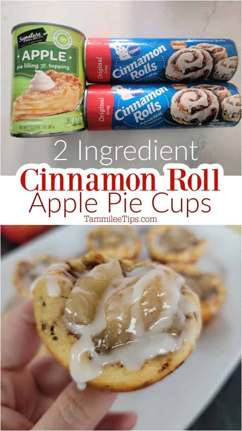 Easy 2 Ingredient Cinnamon Roll Apple Pie Cups are the perfect sweet breakfast treat or dessert! Make these easy dessert cups in minutes! Easy Dessert Cups, Cinnamon Roll Apple Pie Cups, Apple Recipes Easy 3 Ingredients, Cinnamon Roll Cups, Apple Pie Cups, Cinnamon Roll Desserts, Pie Cups, Cinnamon Roll Apple Pie, Cinnamon Apple Pie