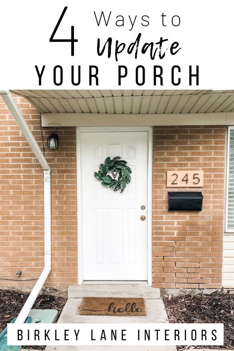 How To Make A Small Front Porch Look Bigger, Small Front Porch Makeover On A Budget, Front Door With No Porch, Builder Grade Porch Update, No Front Porch Ideas Curb Appeal, Upgrade Front Of House, Front Door Decor No Porch, Small Stoop Ideas, Small Front Steps Ideas Decor