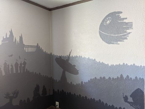 Starwars Nursery Mural, Nerd Nursery Ideas, Harry Potter And Star Wars Nursery, Star Wars Nursery Mural, Harry Potter Star Wars Nursery, Star Wars Mural Bedroom, Gamer Nursery, Lotr Nursery, Star Wars Wall Mural