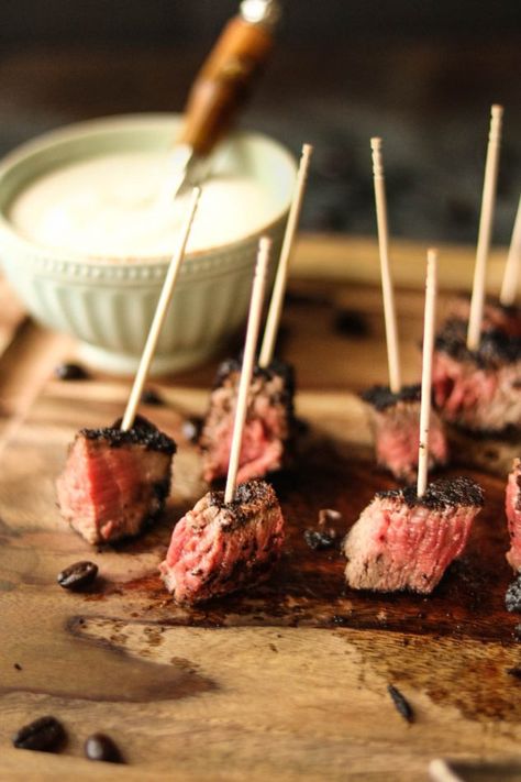 Have you tried coffee rub on steak? It's a magical rub that creates the most mouthwatering steak you'll ever taste! These coffee crusted steak bites are the perfect appetizer for your next party. And you can't forget the homemade horseradish sauce to go with these bites! #steak #appetizer #coffeerub Steak Appetizers Easy, Homemade Horseradish Sauce, Steak Appetizers, Crusted Steak, Coffee Rubbed Steak, Easy Party Appetizers, Homemade Horseradish, Striploin Steak, Coffee Rub