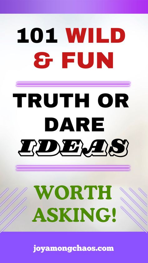 101 Fun Truth or Dare Ideas Best Truth And Dare Questions, Truth Or Dare Questions For Best Friends At A Sleepover, Truth Or Dare Games For Adults, Fun Truth Or Dare Questions For Friends, Funny Truths For Truth Or Dare, Truth Or Dare Bachelorette Party, Halloween Truth Or Dare Questions, Juicy Truths For Truth Or Dare, Funny Dares For Friends