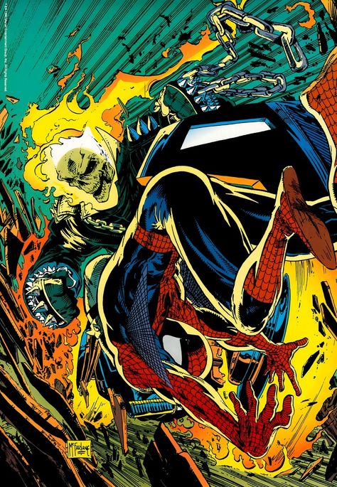 Spider-Man vs Ghost Rider – Todd McFarlane Ghost Rider Johnny Blaze, Rogue Comics, Venom Spiderman, Marvel Tattoos, Todd Mcfarlane, Book Artwork, Comic Book Artwork, Art Study, Man Art