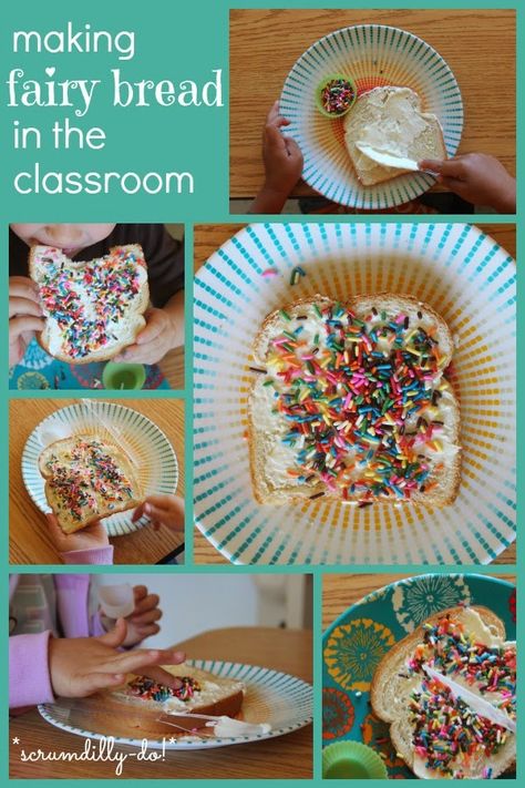 scrumdilly-do!: making fairy bread in the classroom Fairy Tale Snacks For Preschool, Fairy Tale Snacks, Edible Activities, Fairy Snacks, Preschool Topics, Bread Station, Fairy Tale Science, Fairy Tales Preschool Activities, Australia Continent