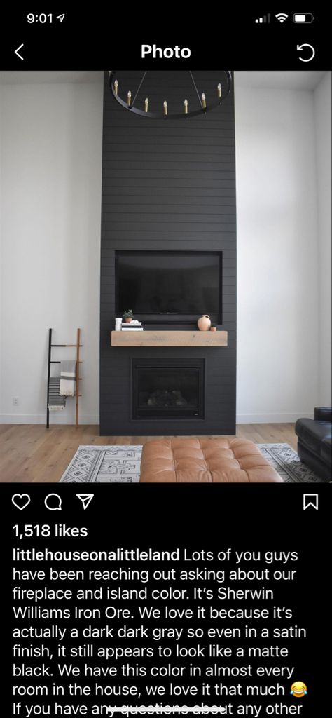 Painted Tall Fireplace, Sherwin Williams Iron Ore Fireplace, Iron Ore Shiplap Fireplace, Iron Ore And Snowbound, Iron Ore Sherwin Williams Fireplace, Iron Ore Fireplace Wall, Chalet Basement, Iron Ore Fireplace, Iron Ore Accent Wall