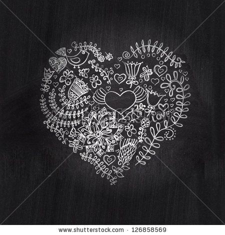 Heart shape chalk drawing on chalkboard blackboard.Floral heart. Heart made of flowers.Doodle Heart by Markovka, via ShutterStock Blackboard Doodles, Wedding Chalk, Blackboard Art, Chalkboard Lettering, Chalkboard Drawings, Chalk Pens, Chalkboard Designs, Chalk Drawings, Hanging Hearts