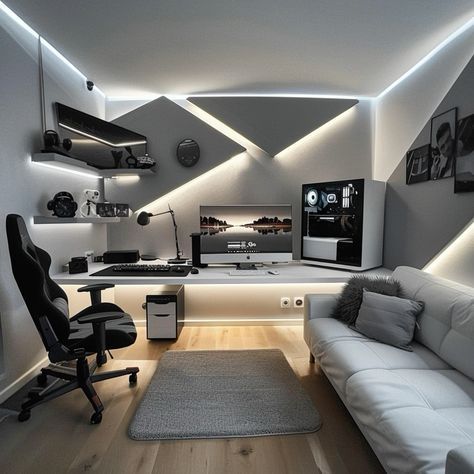 Check out these space-saving solutions to optimize your small gaming room setup. Minimalist Gamer Room, Futuristic Gamer Room, Modern Gamer Room, Gaming Room Setup Black, Gamer Room Design Modern, Game Room Office Ideas, White Pc Setup Minimalist, Gaming Setup Modern, Luxury Gaming Room Setup