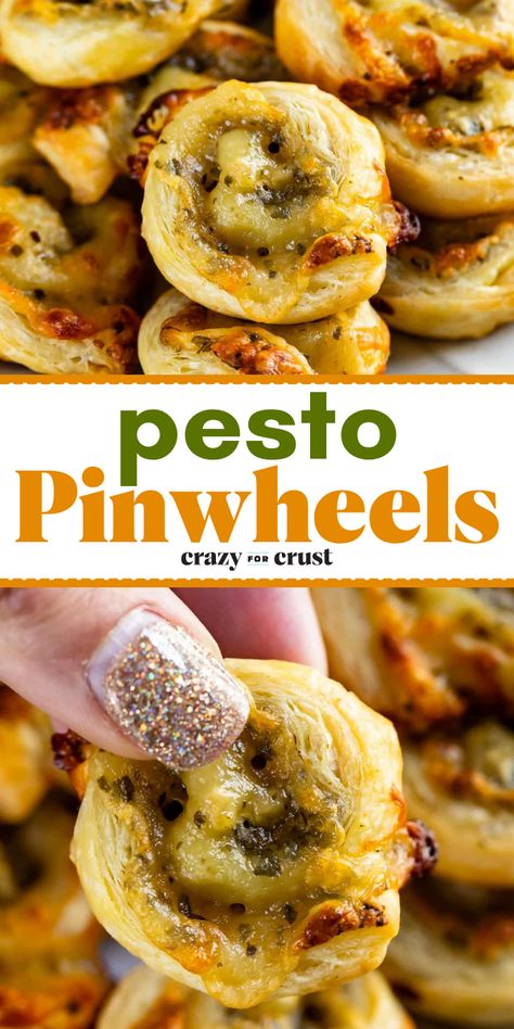 Need some easy game day food? Serve up these basil pesto pinwheels! With a combo of homemade pesto sauce and cheese, these party pinwheels are one of the best football appetizers. So, grab some puff pastry for this simple tailgating recipe! Mini Pinwheel Appetizers, Cheesy Puff Pastry Appetizers, Savory Pinwheels Puff Pastries, Puff Pastry Cheese Appetizers, Pin Wheel Recipes Easy, Appetizers With Pesto, Savoury Pinwheels, Best Football Appetizers, Basil Appetizers