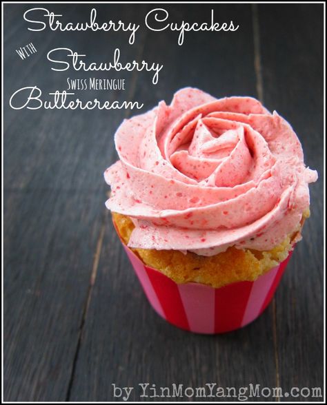 Strawberry Cupcakes with Strawberry Swiss Meringue Buttercream Strawberry Swiss Meringue Buttercream, Strawberry Frosting Recipes, Strawberry Pie Filling, Strawberry Frosting, Strawberry Buttercream, Meringue Buttercream, Swiss Meringue Buttercream, Swiss Meringue, Strawberry Cupcakes