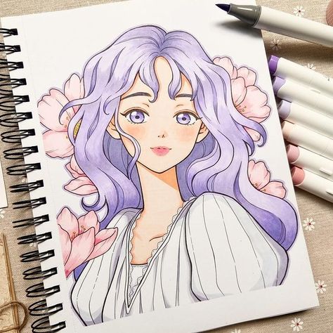 I’m looking to improve my marker drawing skills and this is the first one. Purple will be the main color tone and Ohuhu’s marker with its… | Instagram Drawing Markers Ideas Easy, Arts With Markers, Sketch Ideas With Color, Art With Ohuhu Markers, Drawing By Marker, Drawing With Markers Ideas Doodles, Drawing Story Ideas, Cute Princess Drawing, Anime Marker Drawings