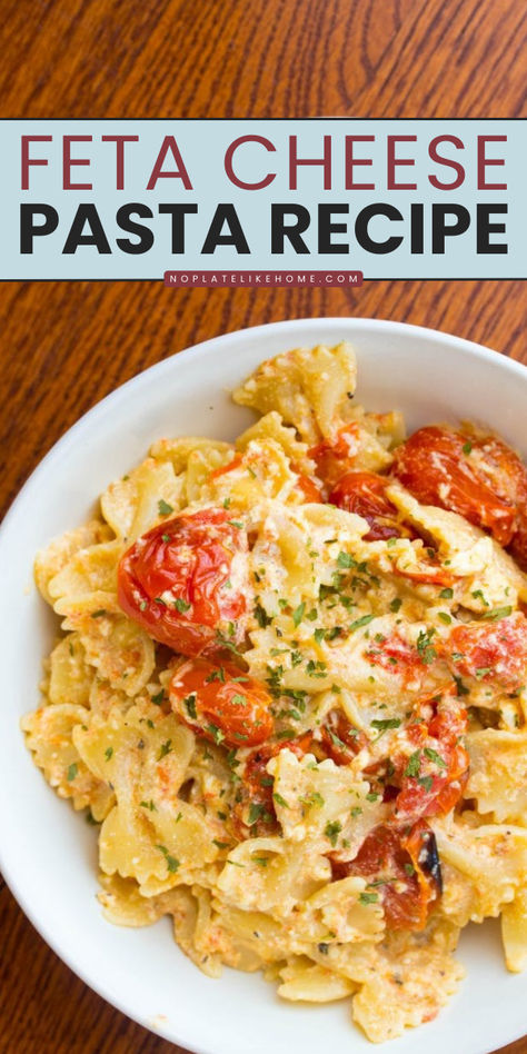 This Feta Cheese Pasta is a quick and easy pasta recipe ready in just 30 minutes! This vegetarian pasta dish starts with bow tie pasta mixed with baked Feta cheese and grape tomatoes. What an easy pasta idea for dinner tonight! Baked Bow Tie Pasta Recipes, Recipes With Feta Cheese Easy Dinners, Feta Cheese Pasta Recipes, Grape Tomato Pasta, Recipe With Feta Cheese, Feta Cheese Pasta, Feta Tomato Pasta, Easy Tortellini Recipes, Pasta With Feta Cheese