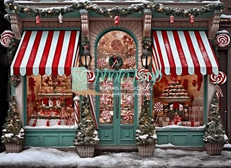 Peppermint Christmas Candy Shop Photography Backdrop Red, Green, Candy Cane, Store Window, Street Scene, Snowing, Shoppe, Treats, Holiday - Etsy Canada Holiday Store Front Displays, Christmas Bake Shop Decor, Christmas Candy Shop, Christmas Store Displays, Christmas Toy Shop, Christmas Shop Window, Santa's Village, Holiday Inspo, Lights Ideas