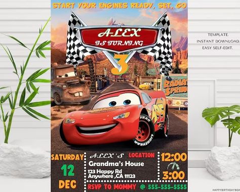 HappyBirthdayBox - Etsy Lightning Mcqueen Party, Mcqueen Party, Cars Birthday Invitations, Car Themed Parties, Car Birthday Theme, Car Themes, Boy Birthday Invitations, Birthday Idea, Birthday Invitation Template