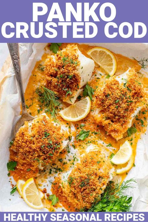 Panko Crusted Cod Fish Panko Crusted Flounder Recipes, Parmesan Crusted Cod Recipes, Breaded White Fish Recipes, Baked Panko Fish, Panko Parmesan Crusted Cod, Crusted Flounder Recipes, Pablo Crusted Cod, Cod And Gnocchi, Low Cholesterol Cod Recipes