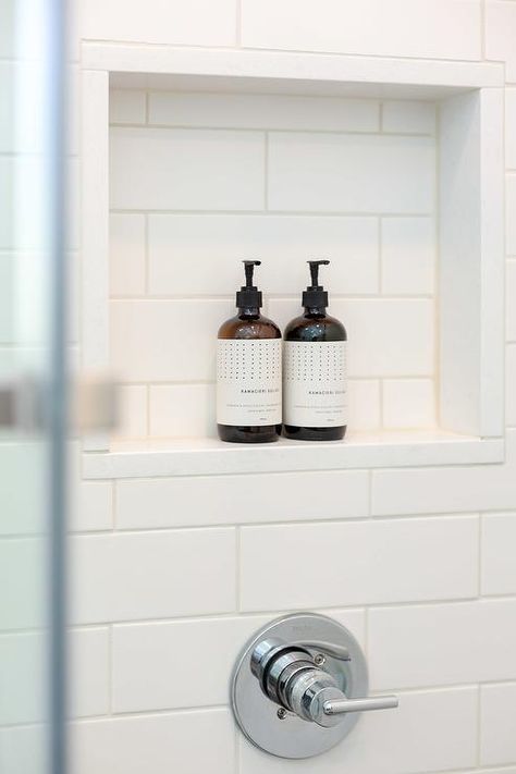 Subway Tile Shower Niche, Tiled Niche, Shower Bottles, White Subway Tile Shower, Tile Shower Niche, Bathtub Cover, White Subway Tile Bathroom, Restroom Remodel, Glass Shower Wall