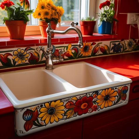 Bright Mexican Kitchen, Talavera Kitchen Decor, Mexican Asethic Kitchen, Kitchen Sink Inspiration, Talavera Sink Bathroom, Bohemian Kitchen Decor, Sink Inspiration, Talavera Sink, Mexican Kitchen Decor