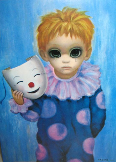 Happy Mask, Unhappy Boy (1963) - Margaret Keane. Fine Art Giclee Print on Canvas (Hand-Signed by Margaret). 25-1/2 x 20 in. (65 x 50.8 cm) | KEANE EYES GALLERY Keane Artist, Walter Keane, Big Eyes Margaret Keane, Keane Big Eyes, Happy Mask, Big Eyes Paintings, Margaret Keane, Big Eyes Doll, Tim Burton Films