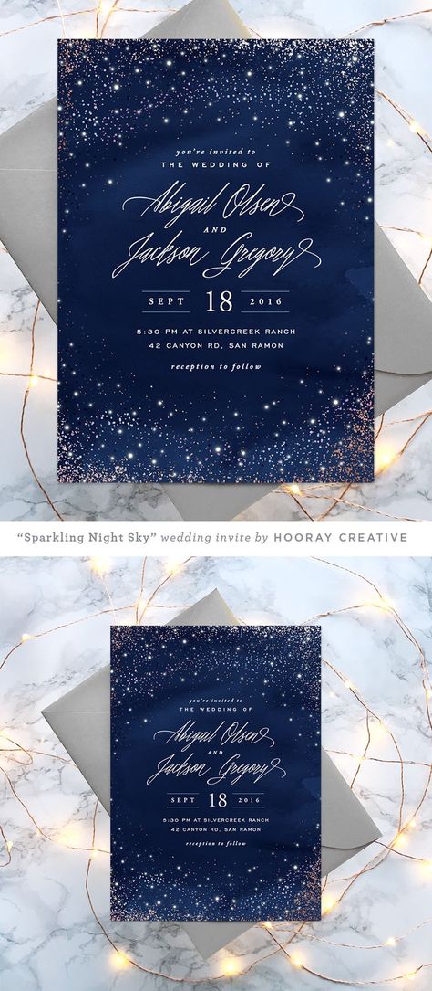 "Sparkling Night Sky" starry wedding invitation | design and styling by Hooray Creative Night Sky Wedding, Starry Wedding, Sparkling Night, Original Wedding Invitations, Starry Night Wedding, Foil Pressed Wedding Invitations, Trendy Wedding Invitations, Quinceanera Invitations, Invitation Baby Shower