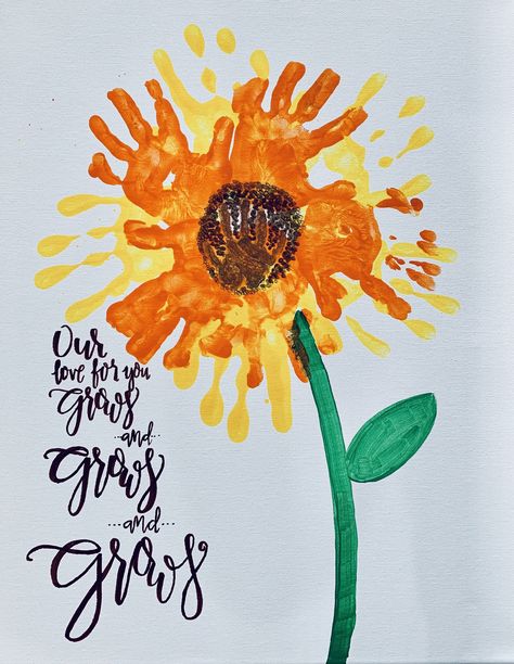 Handprint Sunflower Craft, Fall Grandparents Day Crafts, Hand Print Sunflower, Cousin Handprint Art, Sunflower Toddler Activities, Sunflower Kindergarten Activities, Happy Birthday Grandma Craft, Sunflower Handprint Art, Sunflower Crafts For Toddlers