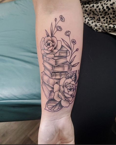 Books And Wildflowers Tattoo, Forearm Tattoo Women Books, Book Tattoo Forearm, Books And Flowers Tattoo, Floral Book Tattoo, Book And Flower Tattoo, Book Themed Tattoos, Library Tattoo, Arm Tattoos For Women Forearm