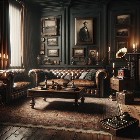 Thomas Shelby Office, Peaky Blinders Interior, Dark Academia Man Cave, Gentleman Club Interior, 4 Chair Sitting Room Ideas, Gentlemen Room, English Pub Interior, Chesterfield Office, Vintage Living Room Ideas