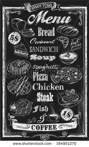 Hand-drawn chalkboard menu - stock vector Chalk Menu, Blackboard Menu, Blackboard Art, Chalkboard Lettering, Chalk Lettering, Menu Boards, Chalkboard Designs, Chalk It Up, Framed Chalkboard