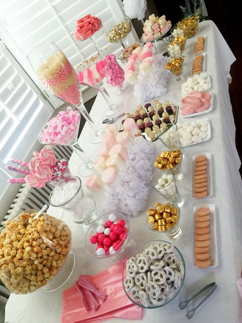 Sweet One Birthday Dessert Table, Birthday Table Treat Ideas, Candy Tables Ideas Birthday, Candy Table Decoration Ideas, 21st Candy Table Party Ideas, Candy Table Treat Ideas, Appetizers For Bday Party, Pink Party Candy Table, Candy Bar Table Ideas Birthday