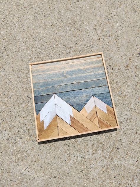 Wood wall art, popsicle stick crafts, mountain wall art, diy coaster, wood coasters Mountain Wood Art Diy, Popsicle Stick Art For Adults Diy Projects, Popsicle Stick Art For Adults, Popsicle Stick Crafts For Adults Diy, Popsicle Stick Coasters, Wood Mountain Wall Art, Popsicle Stick Crafts For Adults, Craft Stick Projects, Paint Stick Crafts