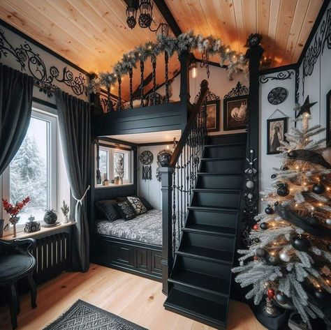 Gothic Tiny House, Tiny Home Ideas, Brooklyn Navy Yard, Maximalist Design, Tiny House Inspiration, Dark Home Decor, Dark Home, Tiny House Interior, Dream Room Inspiration