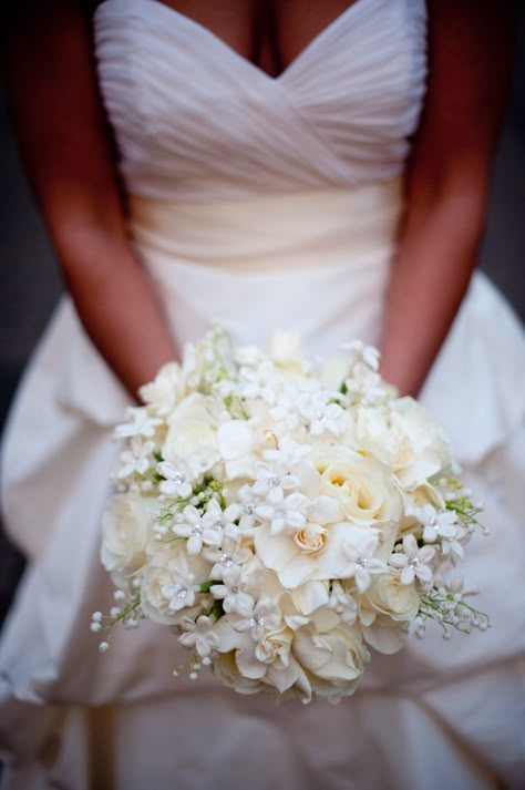 A Bridal Bouquet with White Stephanotis ... Ivory Bridal Bouquet, Gubahan Bunga, Silk Bouquet, Orange Blossoms, Winter Wedding Flowers, White Bridal Bouquet, White Wedding Bouquets, Ivory Bridal, Winter Wedding Dress