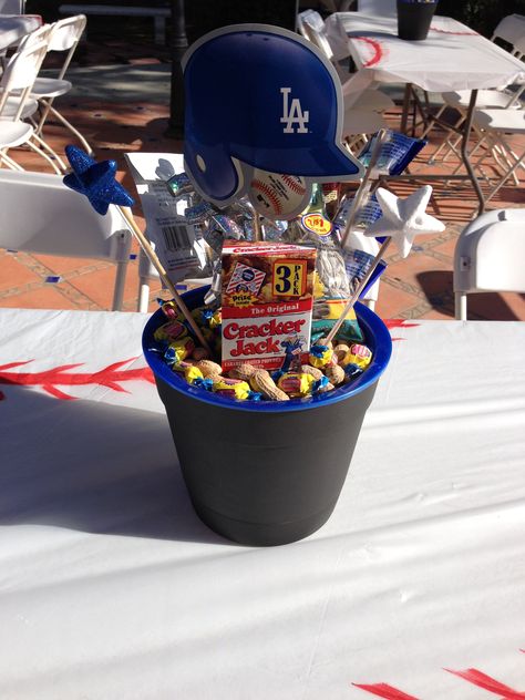 Dodger party centerpieces Baseball Birthday Party Games, Dodger Party, Dodgers Birthday Party, Dodgers Cake, Softball Banquet, Dodgers Party, Baseball Centerpiece, Sports Party Centerpieces, Baseball Theme Birthday