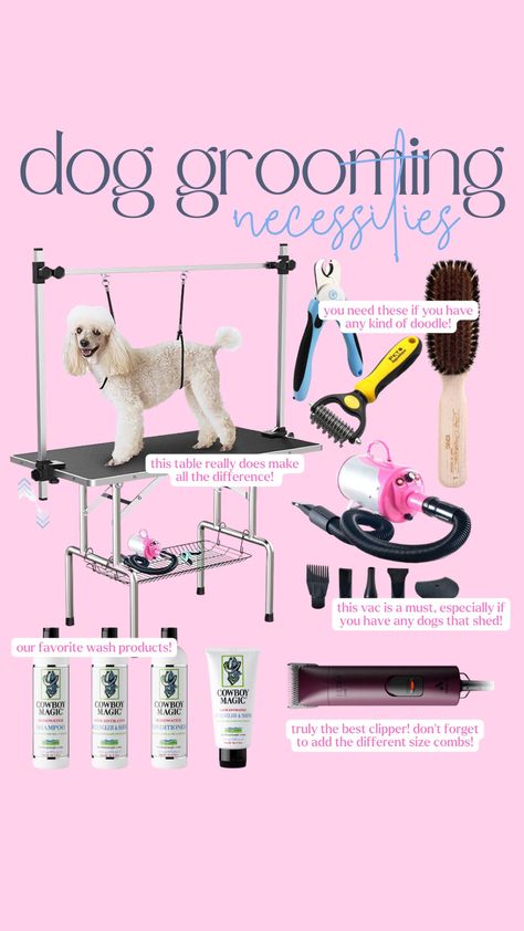 Dog Grooming Necessities!! 🐾✂️ Essential Dog Grooming Must-Haves! 🛁🐶 Explore the best tools and products for a paw-some grooming routine! #DogGrooming #PetCare #FurBabyEssentials #GroomingTools #DogSpa #FurCare #PetGroomingSupplies #DogBath #PamperedPooch #PetParenting #DogLovers #FurBabyLife #PawsAndClaws" Dog Grooming Tools Professional, Dog Grooming Accessories, Dog Grooming Essentials, Mobile Grooming Ideas, Dog Grooming For Beginners, Dog Grooming Shop Ideas Interior Design, Dog Grooming Aesthetic, Grooming Organization, Dog Grooming Rooms At Home